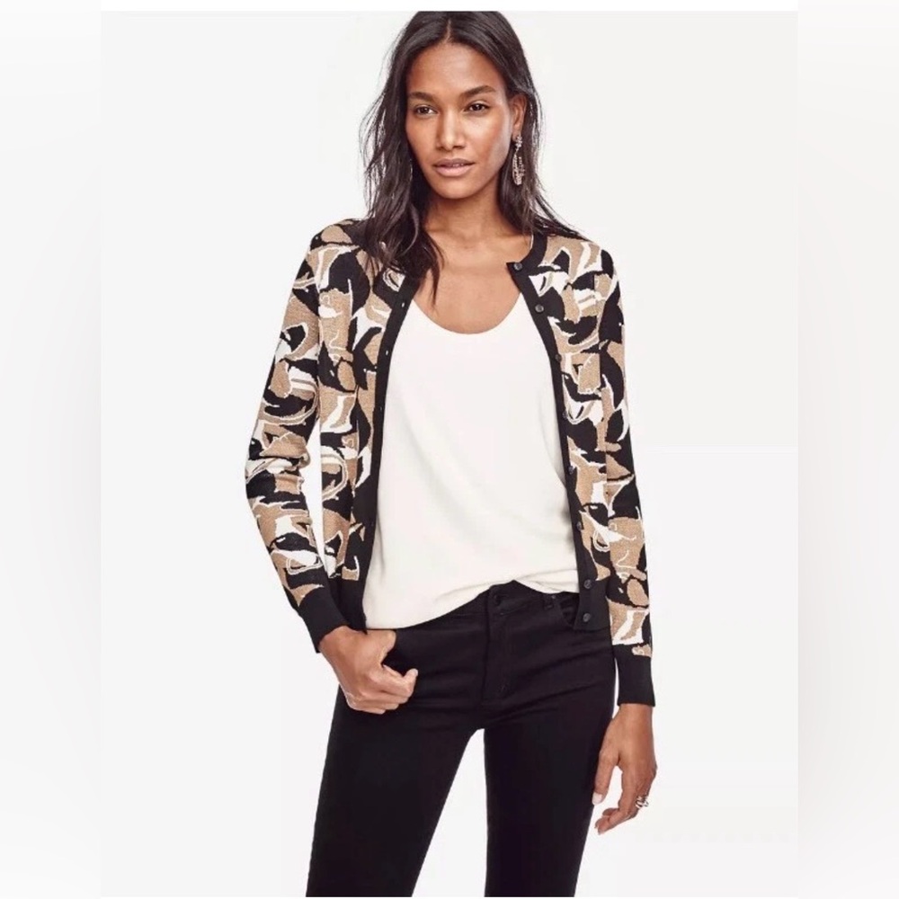 ann Taylor Black & Tan Geometric Print Sweater Cardigan - Size Medium